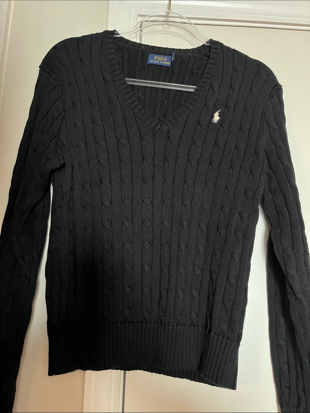 Polo by Ralph Lauren Black Cable-Knit V-Neck Sweater with White Pony